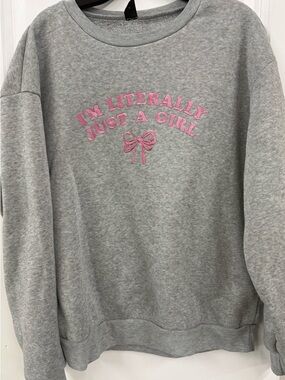SHEIN Gray Crewneck Sweatshirt with Pink Embroidered Slogan